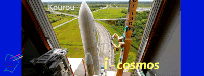 Imagen simbólica del cohete Ariane en el terreno del Puerto Espacial de Kourou, Sudamérica (Latinoamérica)